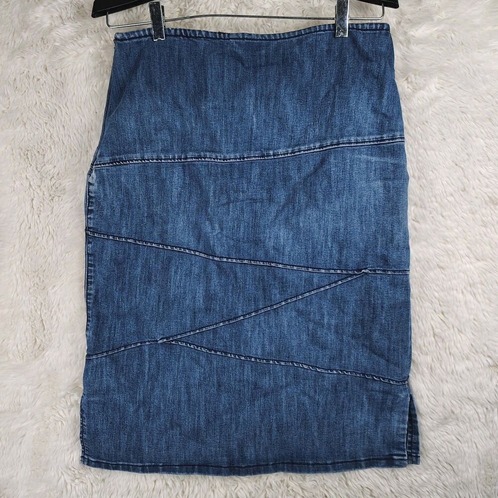 Christopher & Banks Zig Zag Asymmetrical Stitching Denim Midi Skirt Sz 10 - Picture 4 of 8